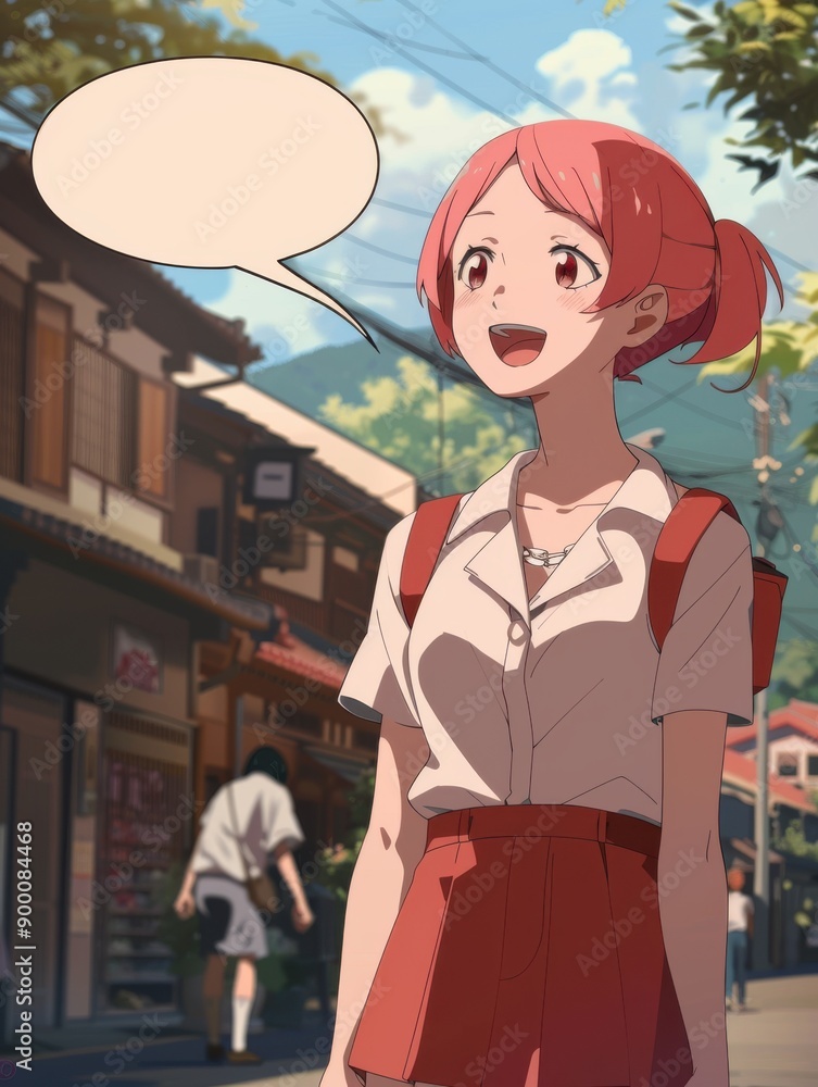 anime girl with pink short hairs, in college outfit, smiling, mouth closed, with a big empty chat bubble in air, college in background anime girl with pink short hairs, in college outfit, smiling, mouth closed, with a big empty chat bubble in air, college in background