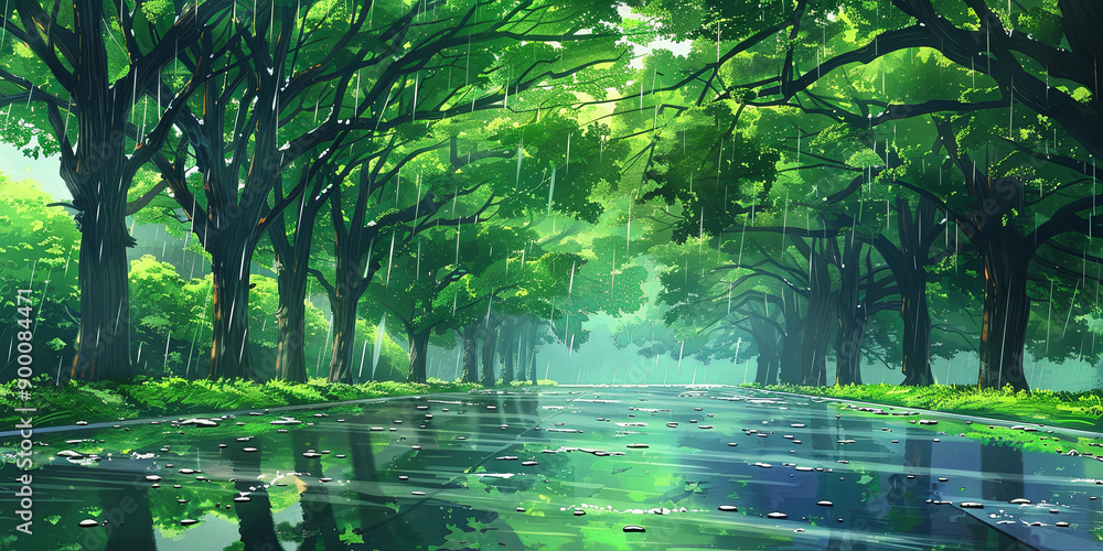 Obraz premium the road is lined with green trees, and it is raining heavily on the leaves of those lushly growing trees, generative AI