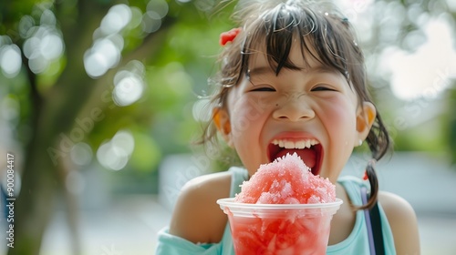 A kid happily eats pink snow ice cream