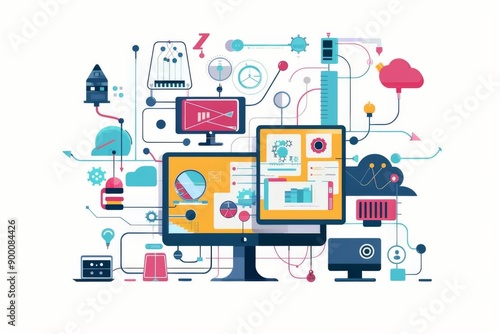 Wallpaper Mural Conceptual Technology Flat Illustration created with Generative AI Torontodigital.ca