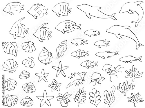 カリグラフィーの海の生き物の線画イラストセット