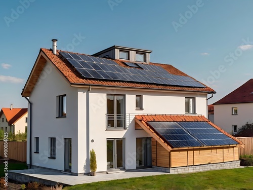 Close-up of a new suburban house with a photovoltaic system on the roof. Simple and modern environmentally friendly house with solar panels on the gable roof, with sunlight during the day