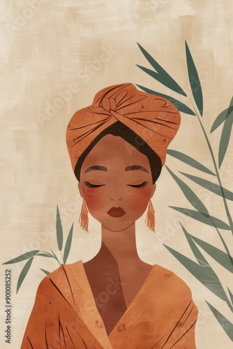 Chinese minimalism illustration, portrait of a dark-skinned woman with straight, chestnut brown hair styled in a sleek low bun with a silk headwrap, wearing a boho tunic, flat illustration, boho woman