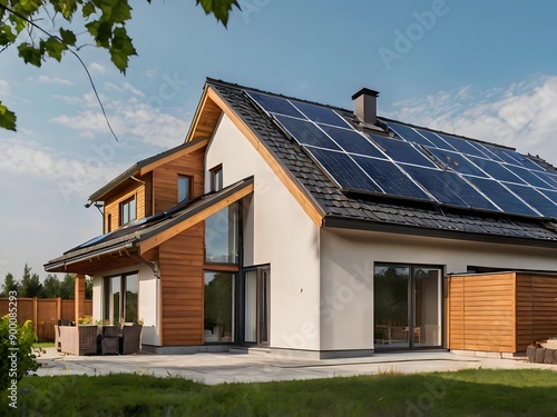 Wallpaper Mural Close-up of a new suburban house with a photovoltaic system on the roof. Simple and modern environmentally friendly house with solar panels on the gable roof, with sunlight during the day Torontodigital.ca