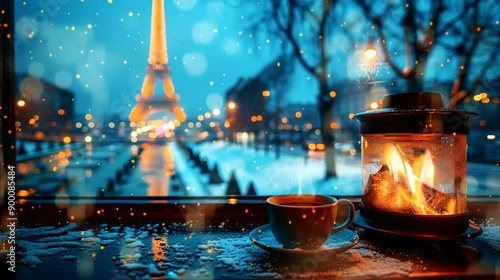 A warm cup of coffee sits on a windowsill, overlooking a snowy cityscape, with the Eiffel Tower in the background seamless looping animation time lapse 4k video background 