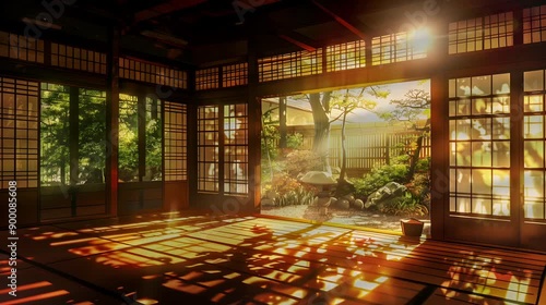 Japanese house style room interior with sunlight, 4K virtual time-lapse video animation background infinitely looping photo