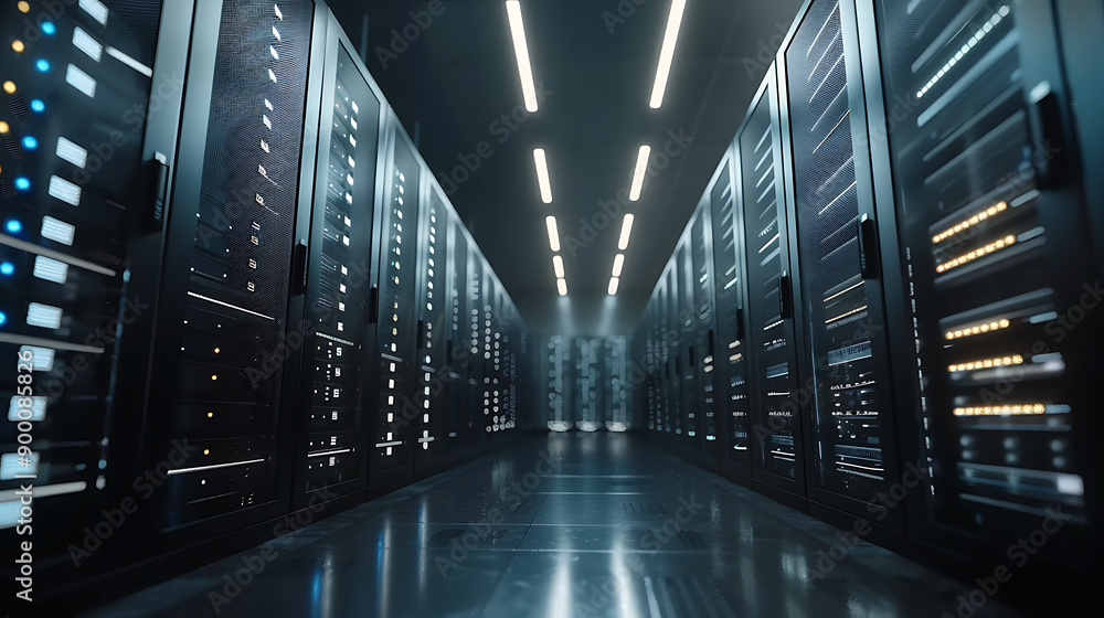 Obraz premium Connection network in servers data center room storage systems 3D rendering
