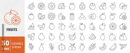 Set of 50 Line Fruits icon. Editable stroke