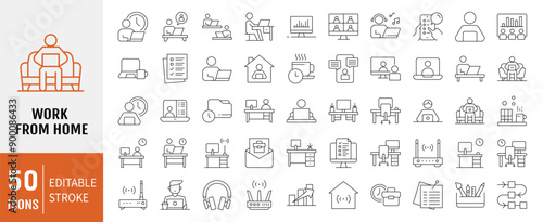 Work from home Line Editable Icons set. Work from home icons Pixel perfect. Contains such Icons as freelancer, hybrid work, digital nomad, Remote work, Video Conference and more.