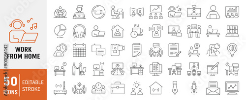 Work from home Line Editable Icons set. Work from home icons Pixel perfect. Contains such Icons as freelancer, hybrid work, digital nomad, Remote work, Video Conference and more.