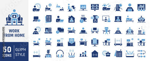 Work from home Icons set. Work from home icons. Contains such Icons as freelancer, hybrid work, digital nomad, Remote work, Video Conference and more. Solid icons vector collection.