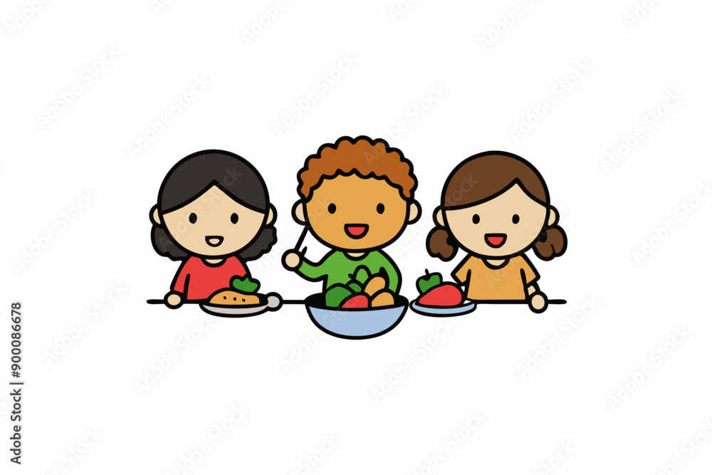 Kids Eating and Playing Together Vector Art Illustration Kids Eating and Playing Together Vector Art Illustration