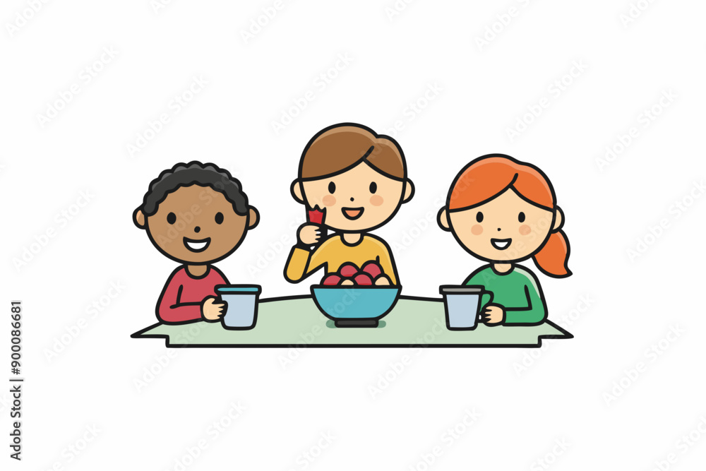 Kids Eating and Playing Together Vector Art Illustration