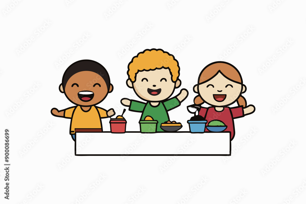 Kids Eating and Playing Together Vector Art Illustration Kids Eating and Playing Together Vector Art Illustration