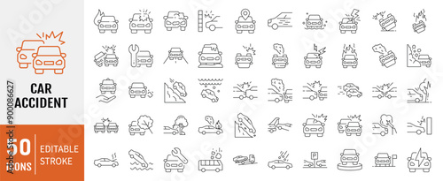 Car accident line icon set. Editable stroke. Containing as car,  crash, collision, accident, damage,  and more. Vector illustration