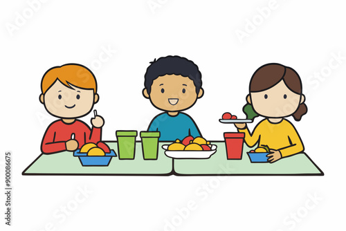 Kids Eating and Playing Together Vector Art Illustration