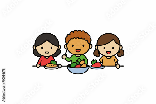 Kids Eating and Playing Together Vector Art Illustration
