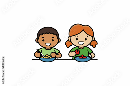 Kids Eating and Playing Together Vector Art Illustration