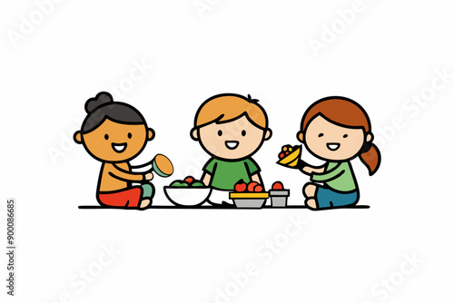 Kids Eating and Playing Together Vector Art Illustration