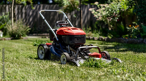 Lawn mower cutting green grass in backyard, mowing lawn