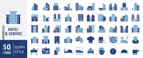 Set of 50 Hotel and service icons. Solid icons vector collection.