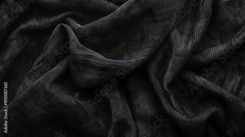 Panoramic close-up texture of natural weave cloth in dark and black color. Fabric texture of natural cotton or linen textile material. Black fabric wide background.