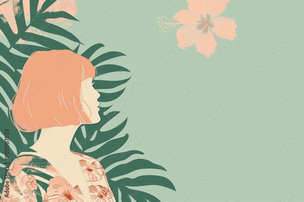 Chinese minimalism illustration, portrait of a medium-skinned woman with short, bob-cut pastel peach hair styled with a floral headscarf, wearing a flowy blouse, flat illustration Chinese figure Chinese minimalism illustration, portrait of a medium-skinned woman with short, bob-cut pastel peach hair styled with a floral headscarf, wearing a flowy blouse, flat illustration Chinese figure