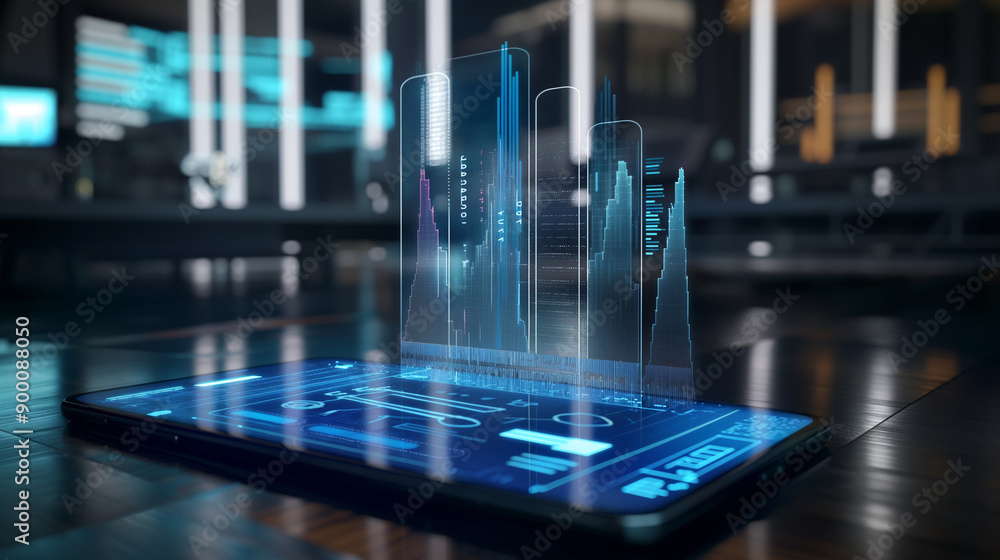 business data statistics virtual display over a smartphone on the table, business economy growth analysis business data statistics virtual display over a smartphone on the table, business economy growth analysis