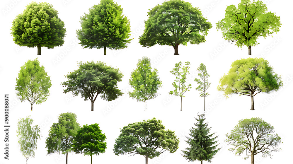 Fototapeta premium Set of green trees isolated on white background. Different kinds of tree collection