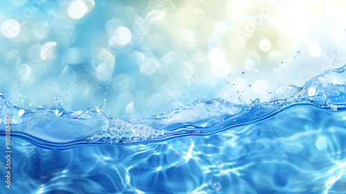 Water panoramic banner background. White water texture, aqua surface with rings and ripples