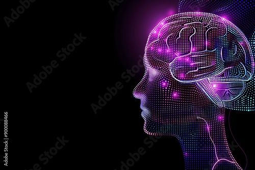 Neon brain outline in profile on a dark background representing modern cognitive science and technology