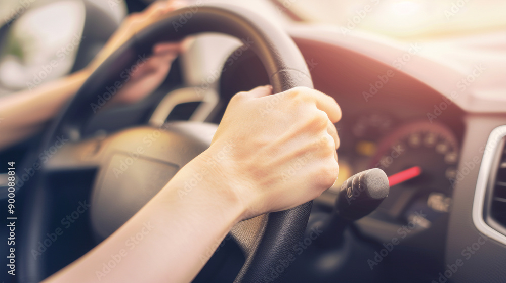 Close-up of a driver's hands gripping a steering wheel during a road trip. The image symbolizes freedom, adventure, and control. The scene captures the essence of exploration and journey on the open r Close-up of a driver's hands gripping a steering wheel during a road trip. The image symbolizes freedom, adventure, and control. The scene captures the essence of exploration and journey on the open r
