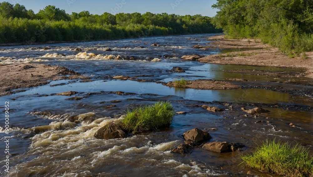 dirty river with rapids flowing through, surrounded by trees in the background. dirty river with rapids flowing through, surrounded by trees in the background.