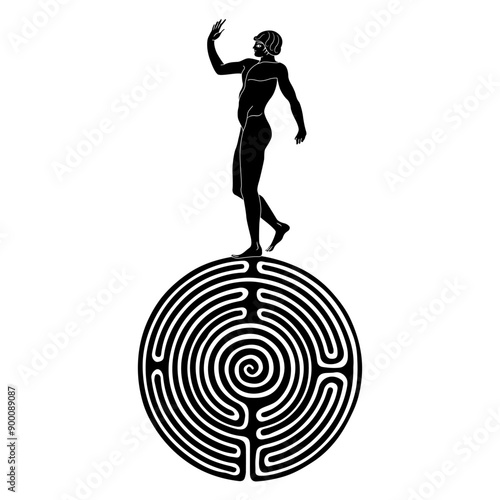 Ancient Greek youth standing on around spiral maze or labyrinth symbol. Theseus. Creative mythological design. Black and white silhouette.