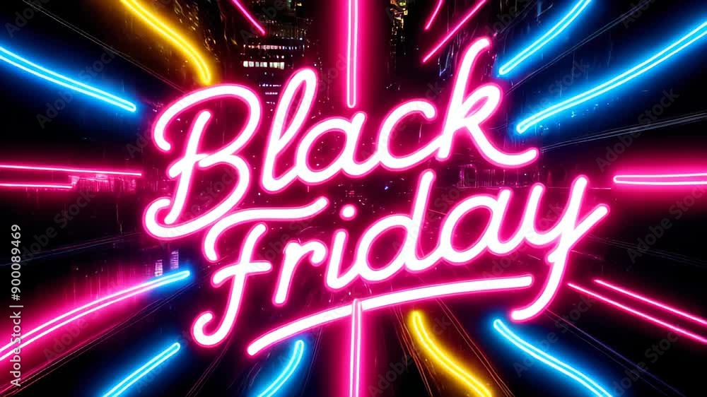 Black Friday neon sign banner background for promo video. concept of sale and clearance. text glows in bright pink, blue and yellow, with light streaks. Retro style Black Friday neon sign banner background for promo video. concept of sale and clearance. text glows in bright pink, blue and yellow, with light streaks. Retro style