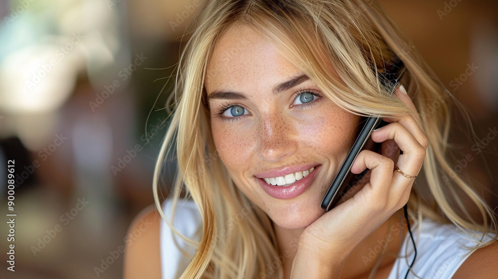Happy businesswoman works remotely, smiling while talking on the phone and using a laptop. Bright and professional, she embodies modern work flexibility and productivity in a positive work environment Happy businesswoman works remotely, smiling while talking on the phone and using a laptop. Bright and professional, she embodies modern work flexibility and productivity in a positive work environment