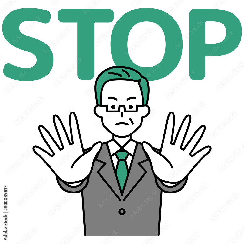 両手を前に出してSTOPと言う中年のスーツの男性 両手を前に出してSTOPと言う中年のスーツの男性