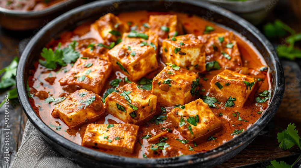 Paneer Butter Masala, showcasing a rich, creamy tomato-based curry with soft paneer cubes, garnished with fresh herbs. A classic Indian dish symbolizing warmth and hospitality Paneer Butter Masala, showcasing a rich, creamy tomato-based curry with soft paneer cubes, garnished with fresh herbs. A classic Indian dish symbolizing warmth and hospitality