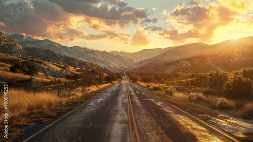 wide angle shot of road to the valley mountains ,golden hour lighting,sharp focus,photorealistic  © imlane