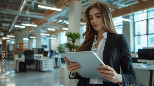 thoughtful  beautiful businesswoman holding a tablet  dressed professionally  symbolizes intelligence  focus  and modern business dynamics