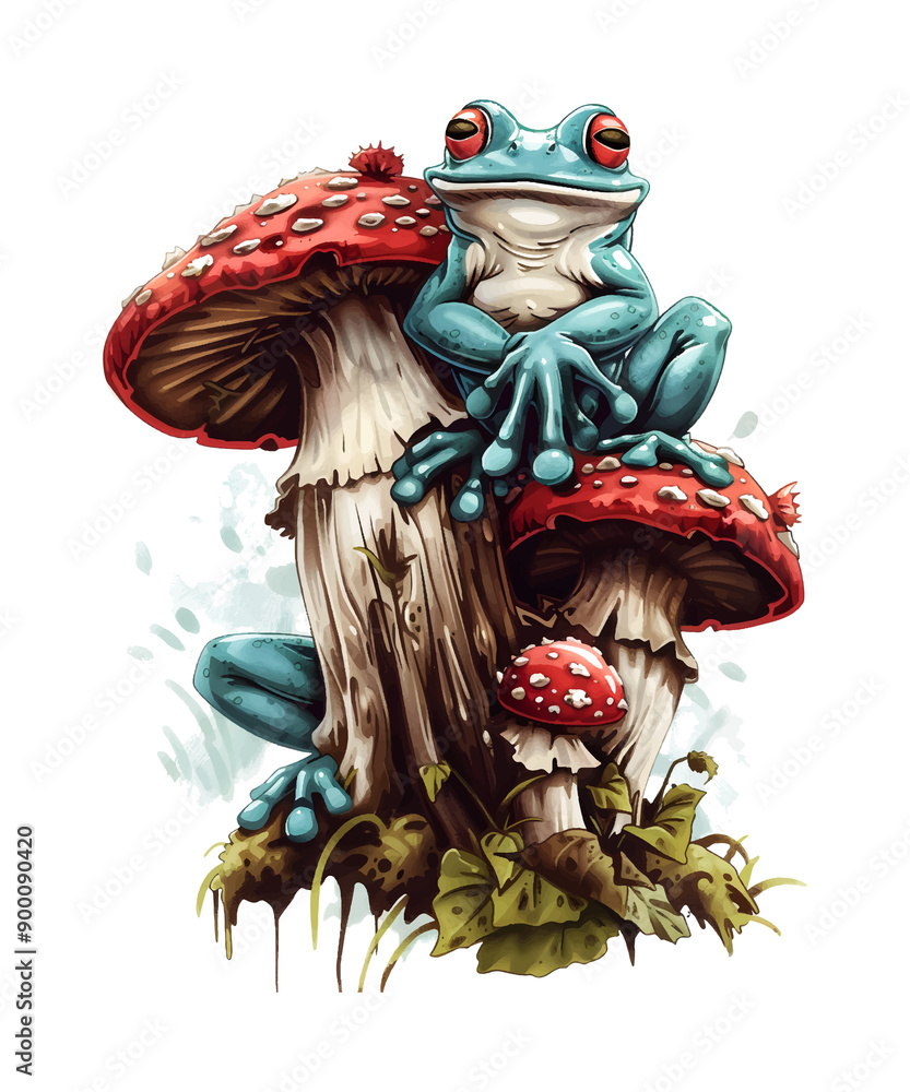 Fototapeta premium Frog & Mushroom Tshirt Design PNG File Print for White Background
