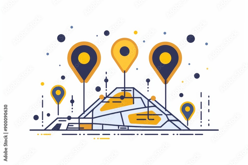 Obraz premium flat minimalist illustration of 3 map markers connected with a line of dashes, bird's eye view, yellow with dark blue accent colors, white background 