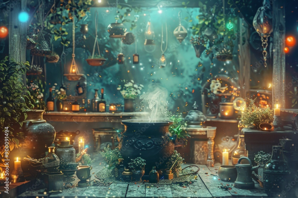 Obraz premium Magical Potions, bubbling cauldrons, mystical herbs, and enchanted symbols. Potion workspace, perfect for concocting magical brews. 
