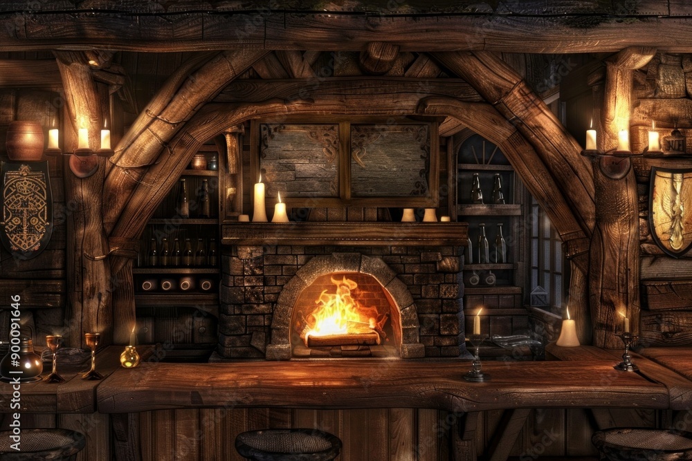 Fototapeta premium Medieval Tavern with rough-hewn wood, tankards, and flickering candles. Cozy tavern interior with a roaring fireplace
