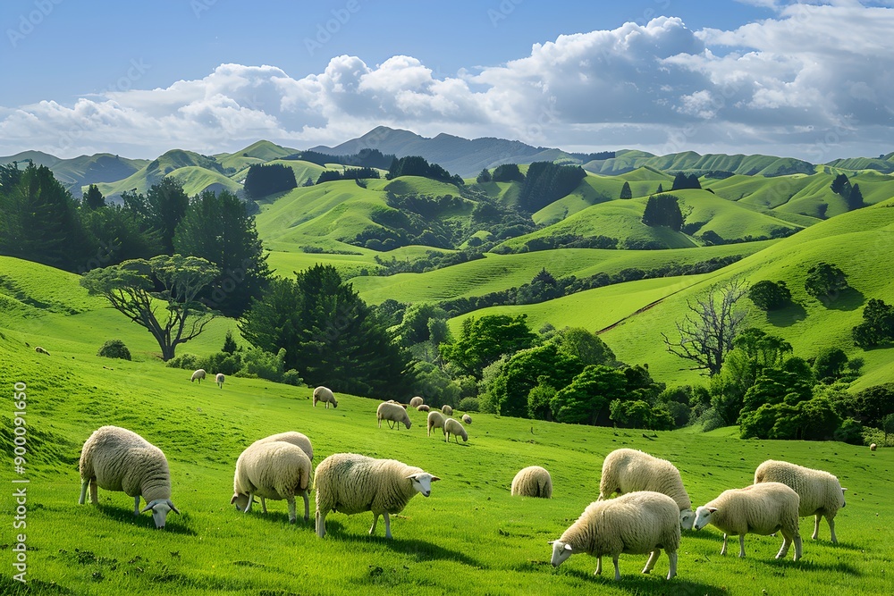 Obraz premium Herds of sheep are grazing peacefully together on a wide, green pasture with lots of wild grass.