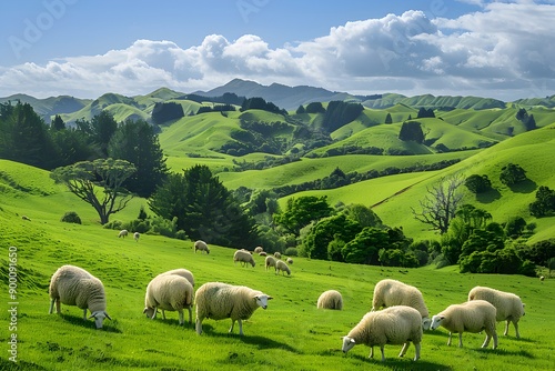 Herds of sheep are grazing peacefully together on a wide, green pasture with lots of wild grass.
