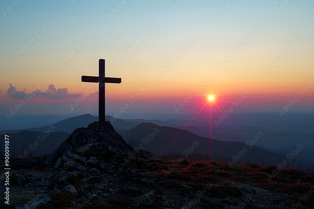 Silhouette of a cross on a red field with a beautiful sunset background Silhouette of a cross on a red field with a beautiful sunset background