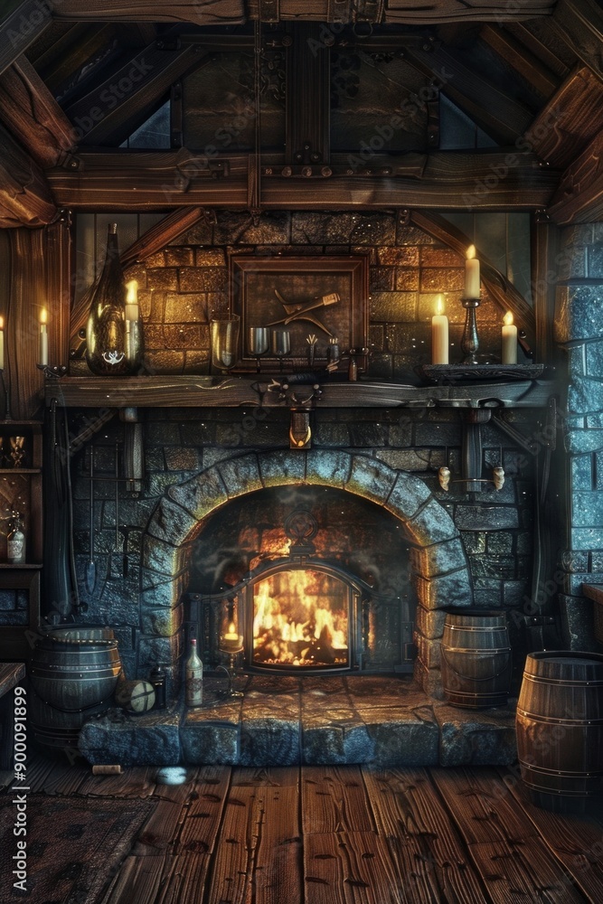 Medieval Tavern with rough-hewn wood, tankards, and flickering candles. Cozy tavern interior with a roaring fireplace Medieval Tavern with rough-hewn wood, tankards, and flickering candles. Cozy tavern interior with a roaring fireplace