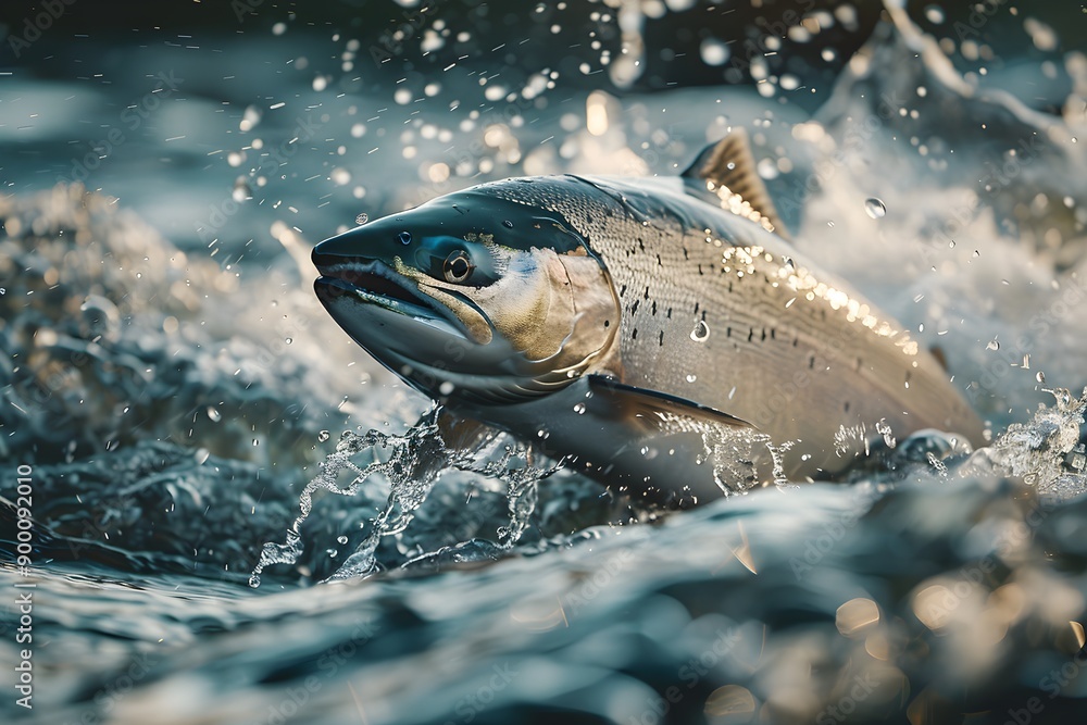 Fototapeta premium Dynamic view of salmon swimming upstream in flowing river water