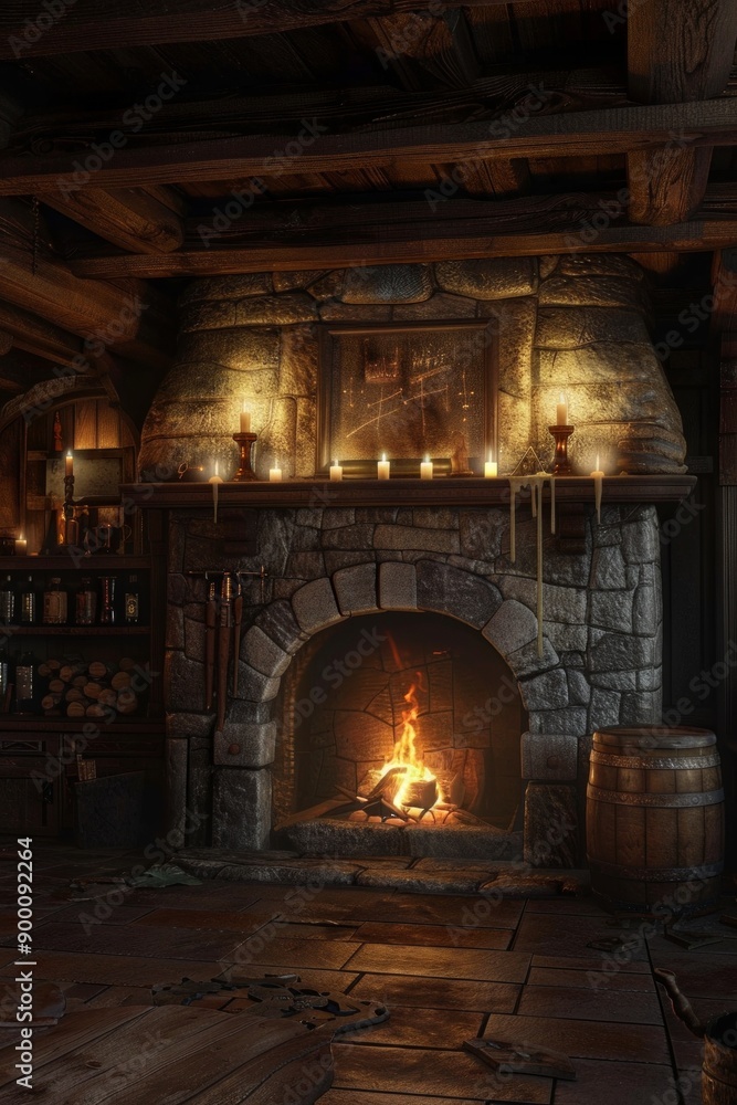 Medieval Tavern with rough-hewn wood, tankards, and flickering candles. Cozy tavern interior with a roaring fireplace Medieval Tavern with rough-hewn wood, tankards, and flickering candles. Cozy tavern interior with a roaring fireplace